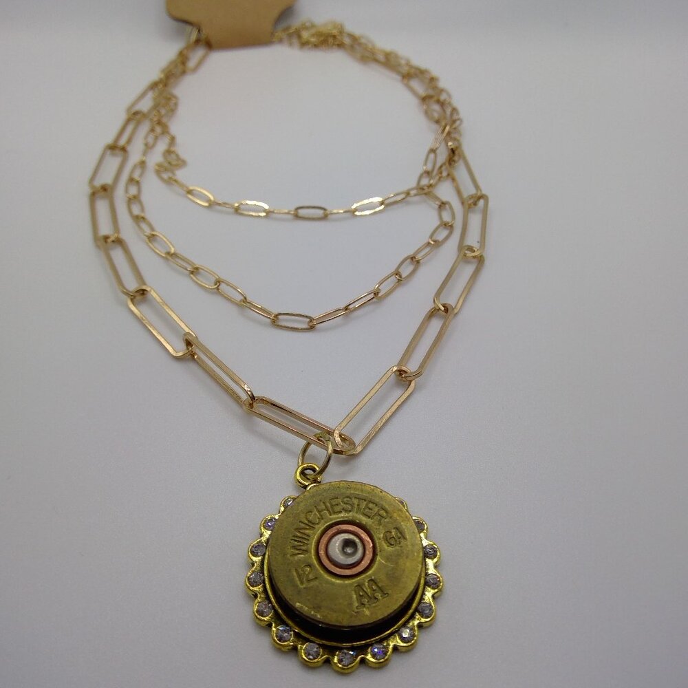 155. Shotgun shell paperclip tiered necklace